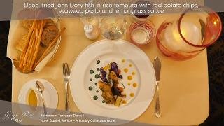 Deep fried John Dory fish in rice tempura at Terrazza Danieli Restaurant, Hotel Danieli, A Luxury Collection Hotel, Venice