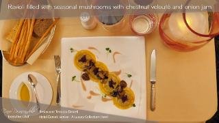 Ravioli filled with mushrooms and chestnut velouté at Terrazza Danieli Restaurant, Hotel Danieli, A Luxury Collection Hotel, Venice